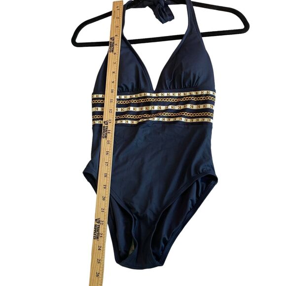 Michael Kors Halter One Piece Swimsuit - Chain Print‎ Border Navy Size 6 NWT - Picture 13 of 16